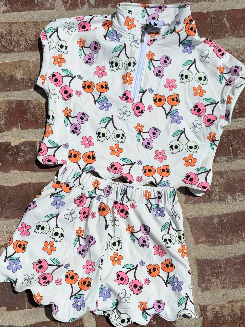 Kids White Floral & Skull Print Athletic Set - Pink, Orange, Purple